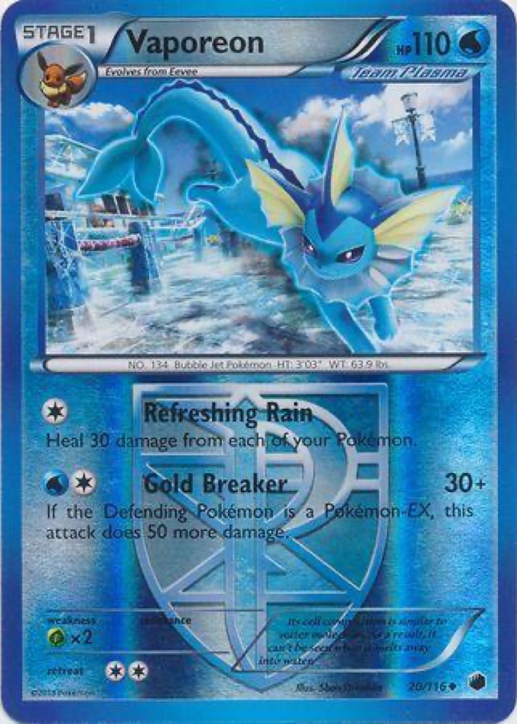 Reverse Holo Vaporeon 20/116, Plasma Freeze Pokémon card