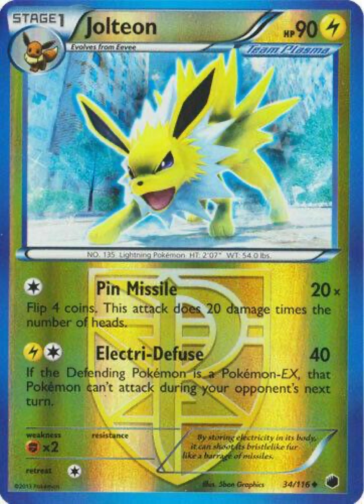 Reverse Holo Jolteon 34/116, Plasma Freeze Pokémon card