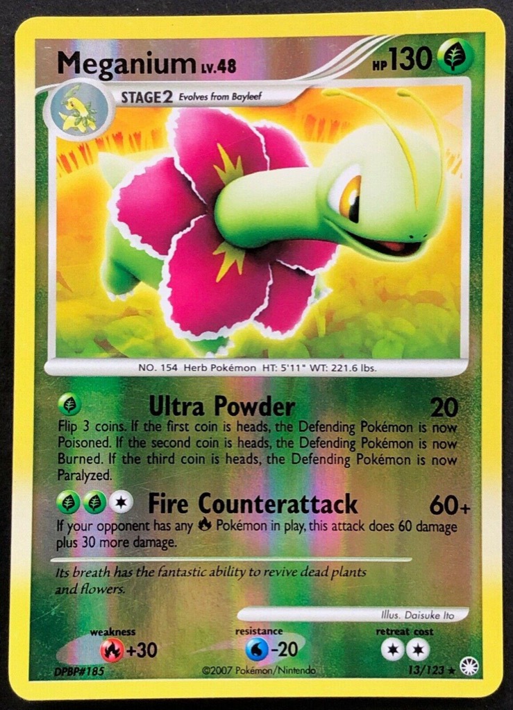 Reverse Holo Meganium 13/123, Mysterious Treasures Pokémon card