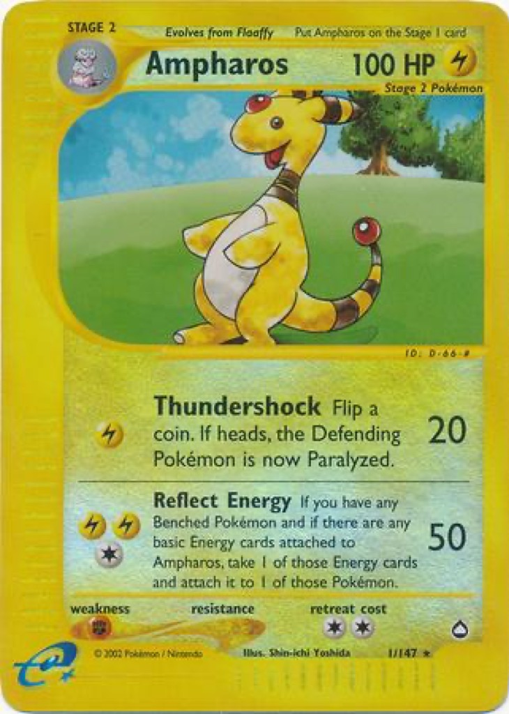 Reverse Holo Ampharos 1/147, Aquapolis Pokémon card