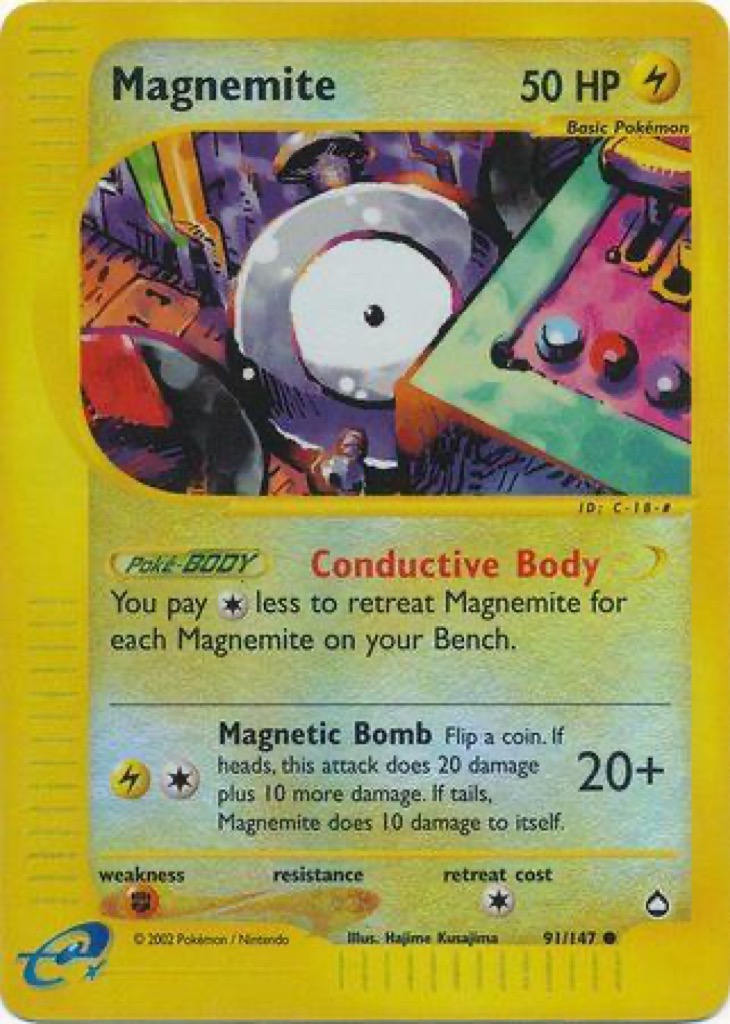 Reverse Holo Magnemite 91/147, Aquapolis Pokémon card
