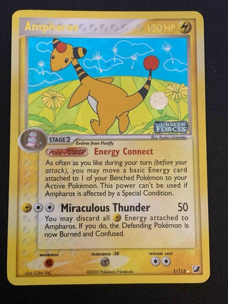 Reverse Holo Ampharos 1/115, Unseen Forces Pokémon card