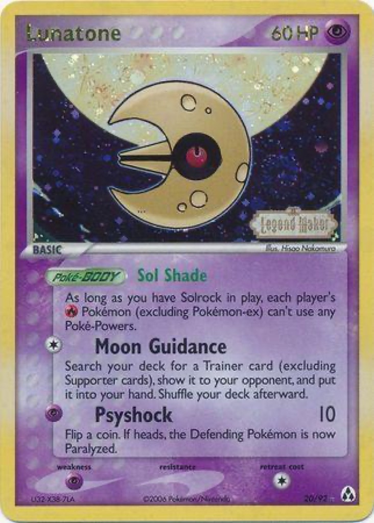 Reverse Holo Lunatone 20/92, Legend Maker Pokémon card