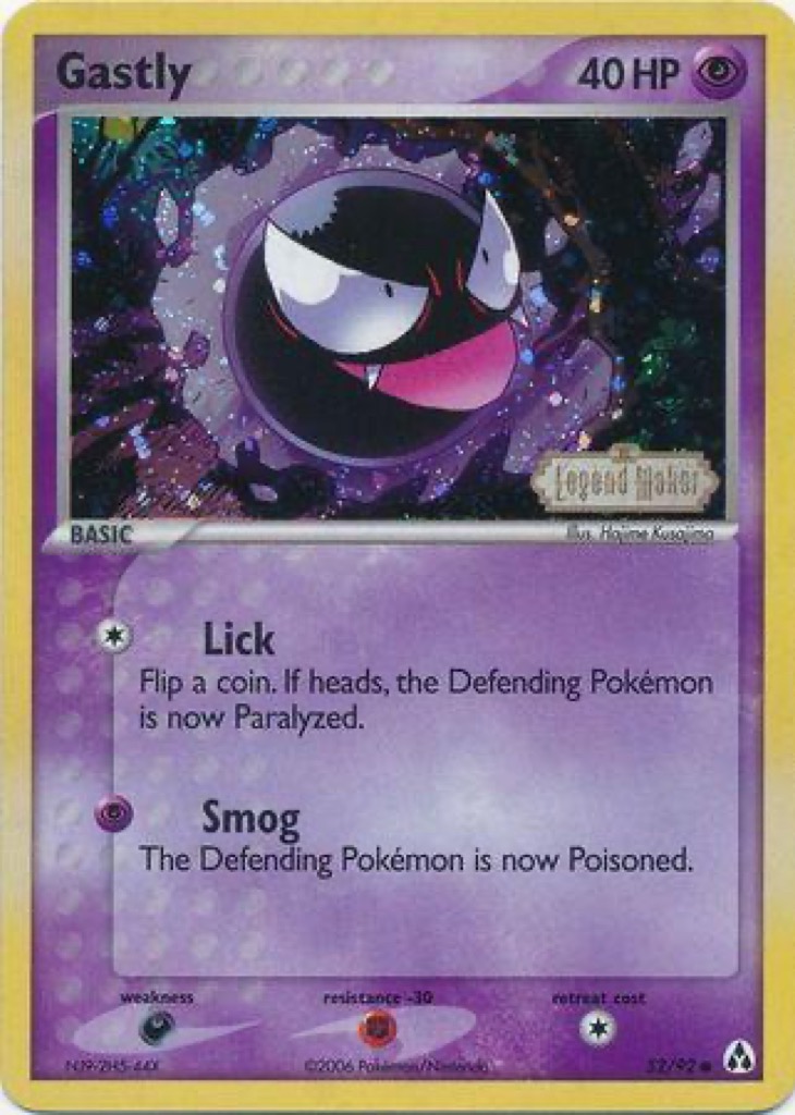 Reverse Holo Gastly 52/92, Legend Maker Pokémon card