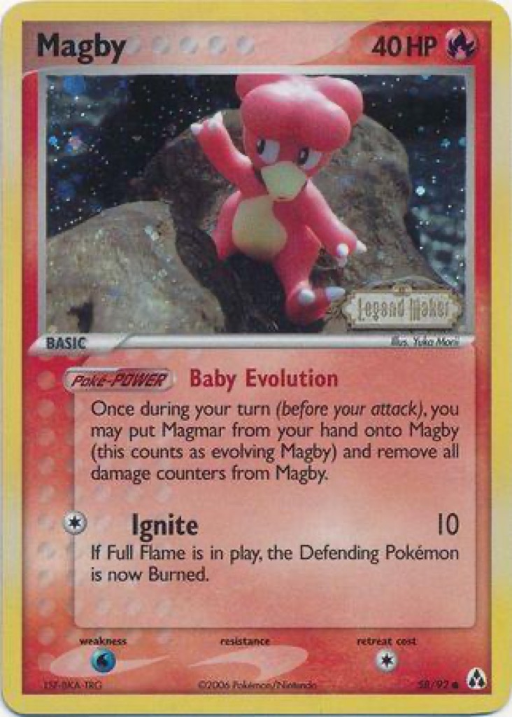Reverse Holo Magby 58/92, Legend Maker Pokémon card