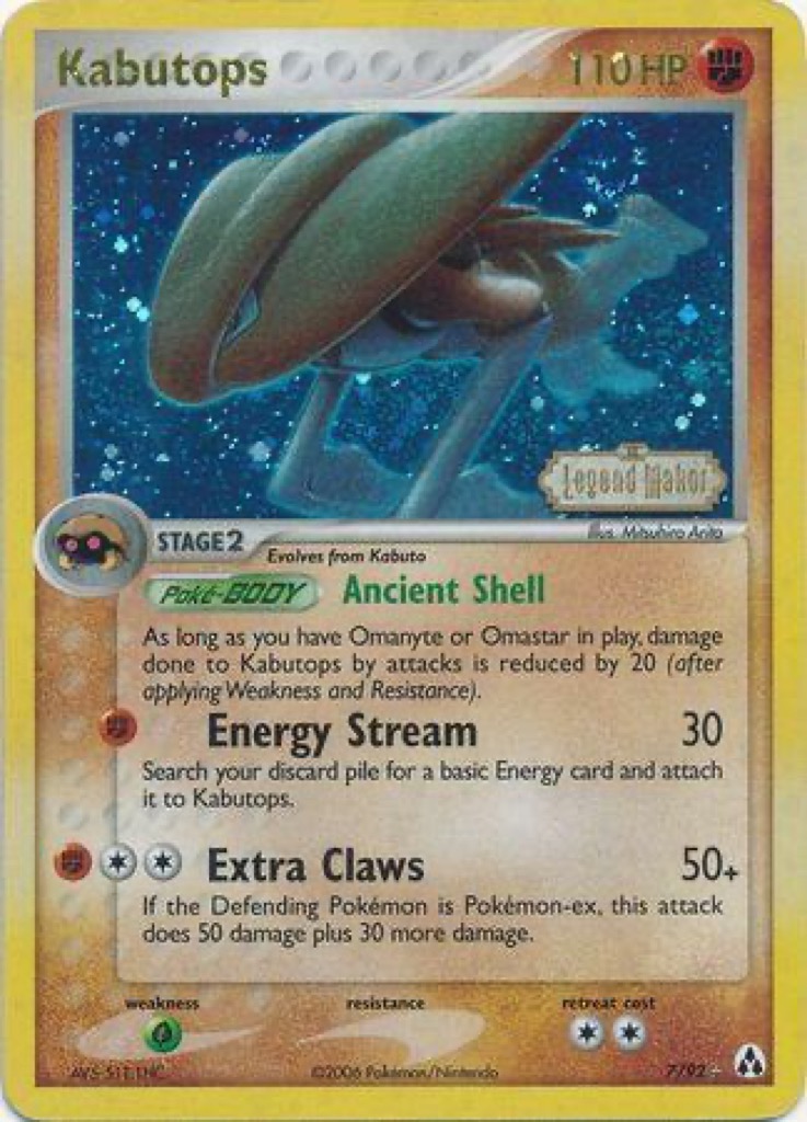 Reverse Holo Kabutops 7/92, Legend Maker Pokémon card