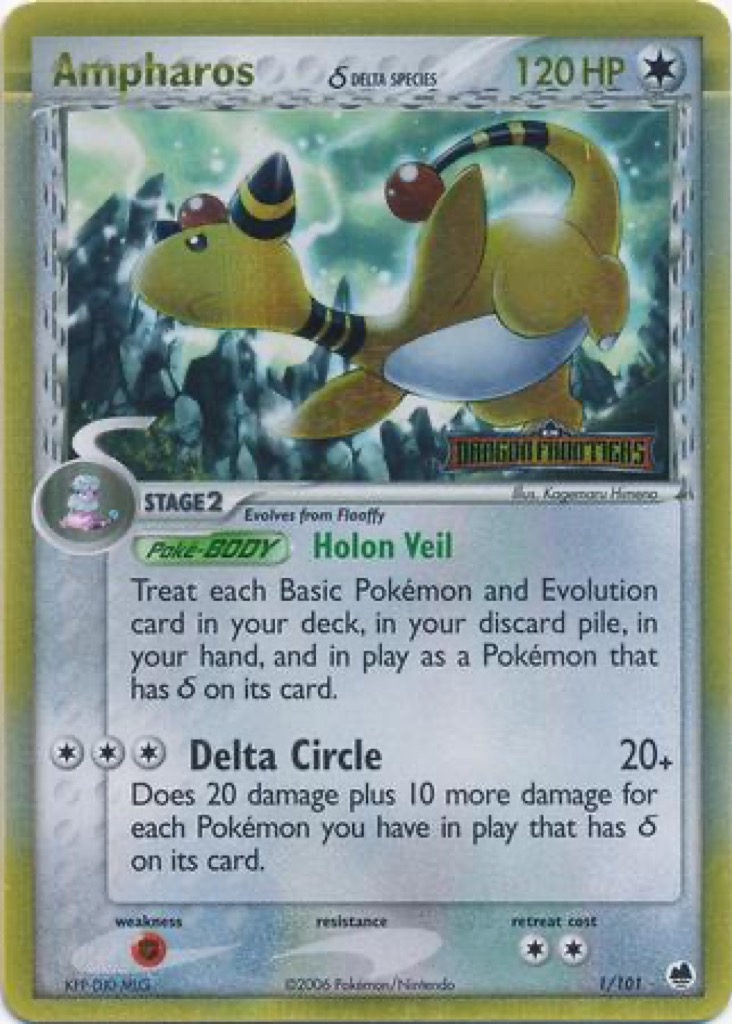 Reverse Holo Ampharos δ 1/101, Dragon Frontiers Pokémon card