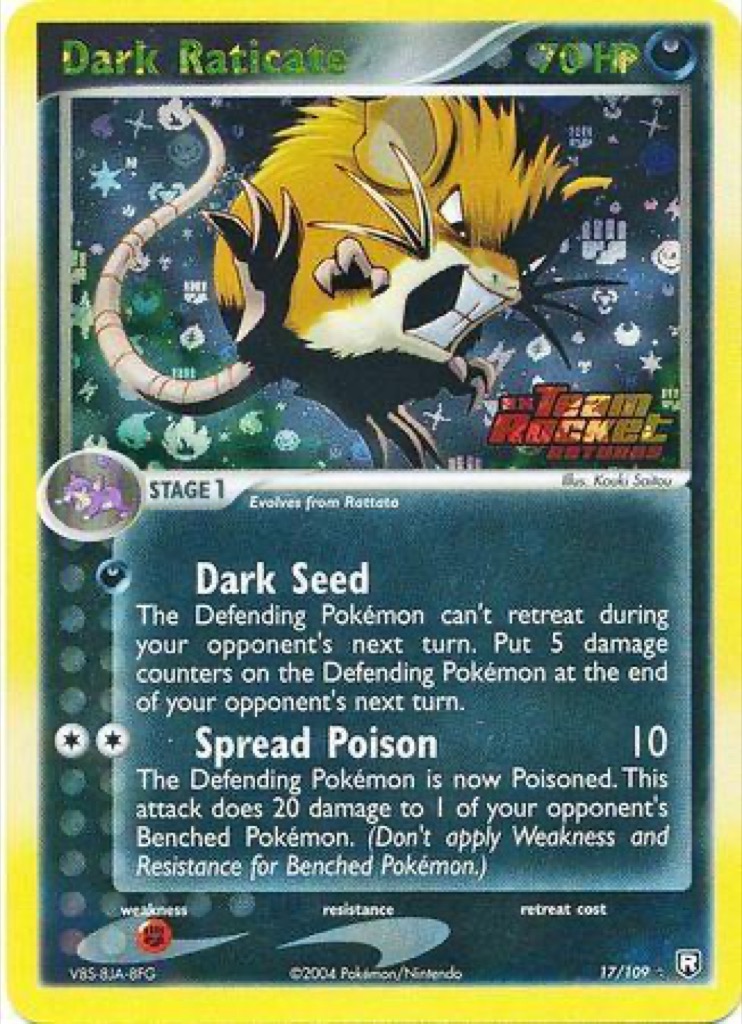 Reverse Holo Dark Raticate 17/109, Team Rocket Returns Pokémon card