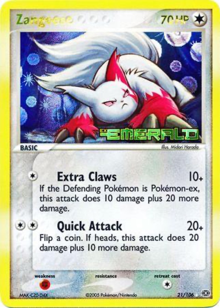Reverse Holo Zangoose 21/106, Emerald Pokémon card