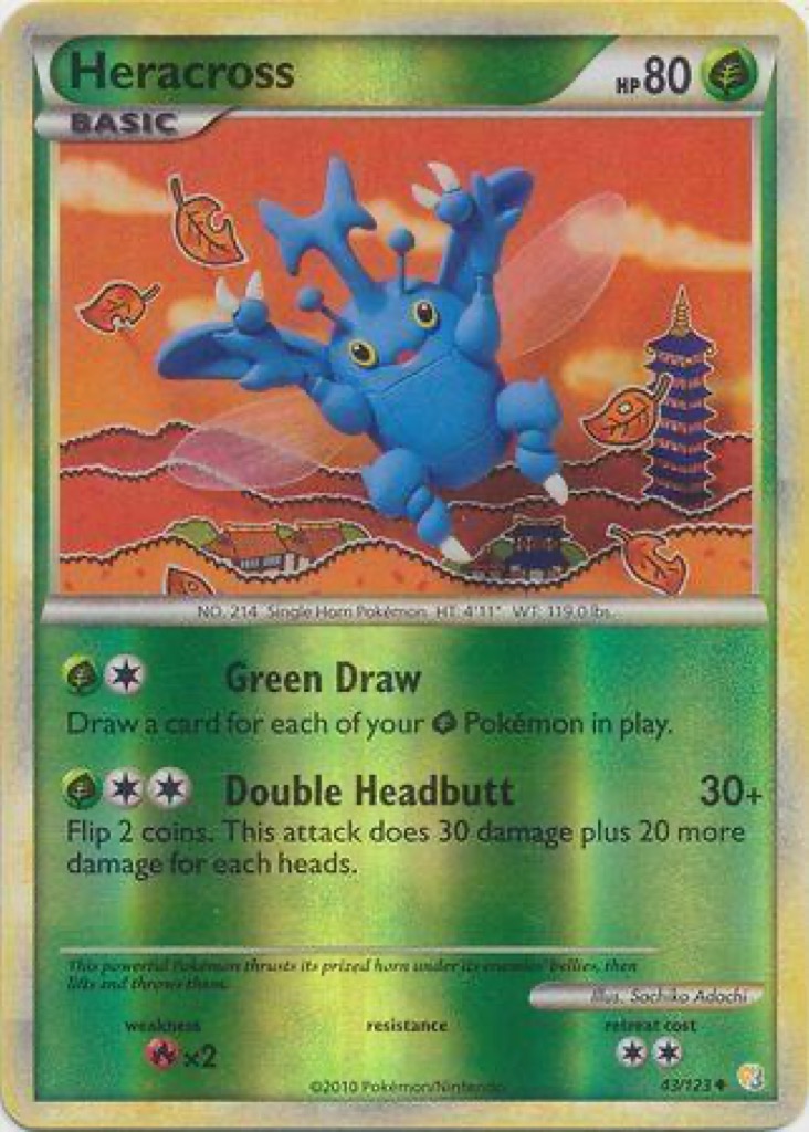 Reverse Holo Heracross 43/123, HeartGold & SoulSilver Pokémon card