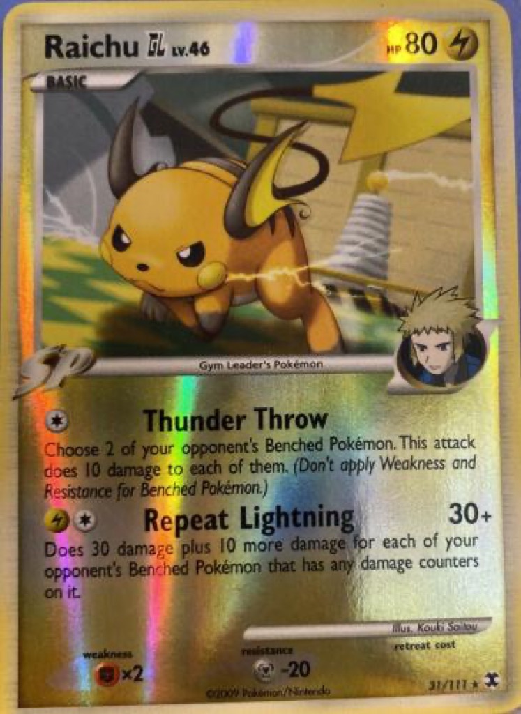 Reverse Holo Raichu GL 31/111, Rising Rivals Pokémon card