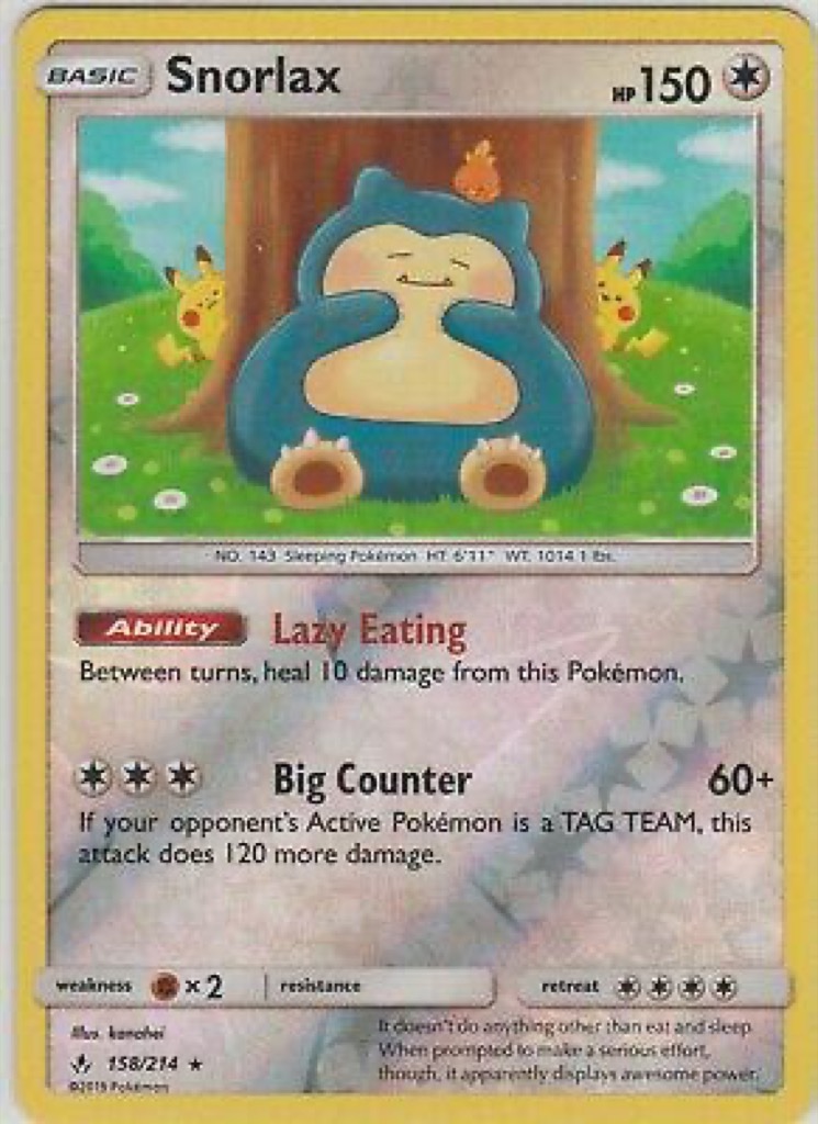 Reverse Holo Snorlax 158/214, Unbroken Bonds Pokémon card