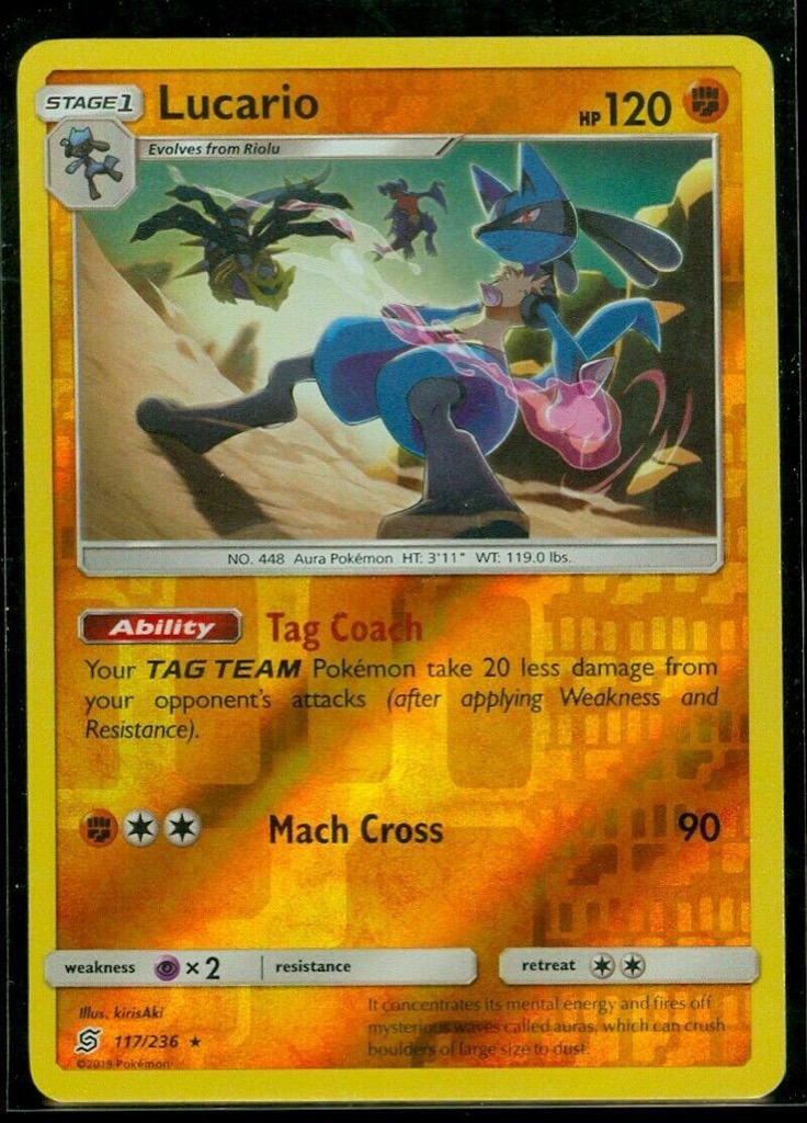 Reverse Holo Lucario 117/236, Unified Minds Pokémon card