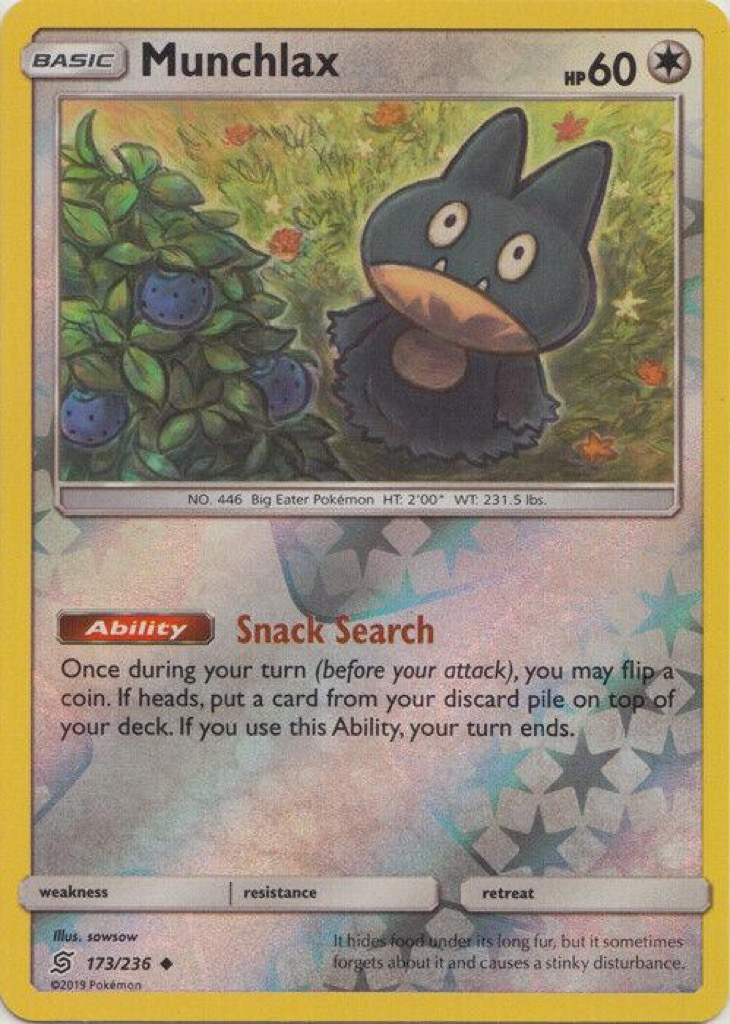 Reverse Holo Munchlax 173/236, Unified Minds Pokémon card