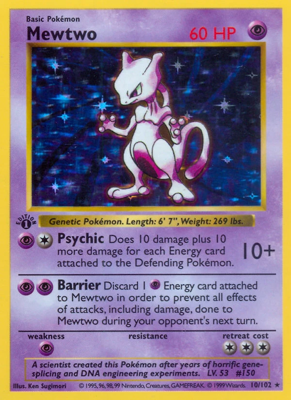 1st Edition Mewtwo 10/102, Base Set Pokémon card