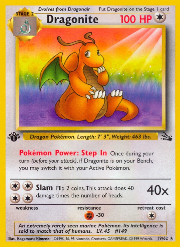 1st Edition Dragonite 19/62, Fossil Pokémon card