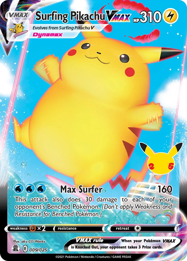 Surfing Pikachu VMAX 9/25, Celebrations Pokémon card