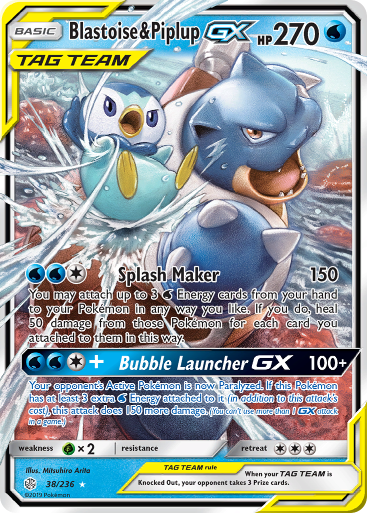 Blastoise & Piplup-GX 38/236, Cosmic Eclipse Pokémon card